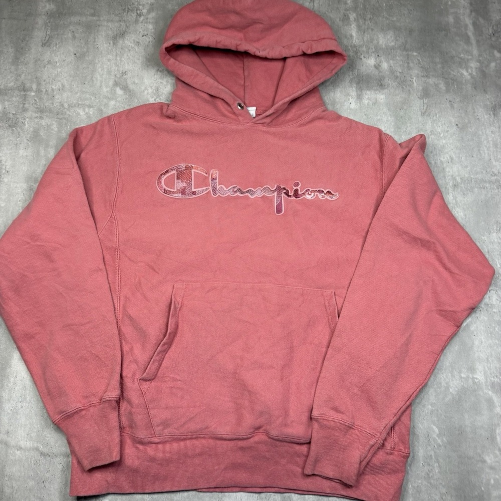 Champion Reverse Weave Hooded Sweatshirt Mens Medium Salmon Pink Logo Pullovrr